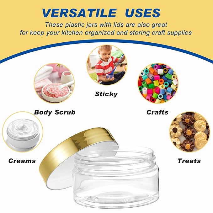 Dandat 24 Pcs 4 oz Plastic Jar Container with Lid and Label Refillable Empty Round Clear with Gold PET Cosmetic Sample Slime Containers for Lotion, Cream, Ointments, Body Butter, Makeup Travel Storage