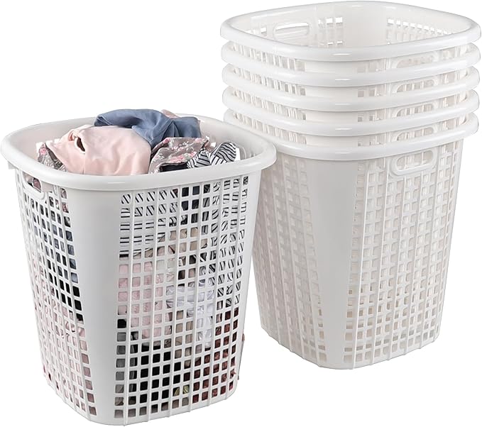 50L Tall Plastic Laundry Hampers with Cut Out Handles, Plastic Laundry Baskets, White, 6 Packs