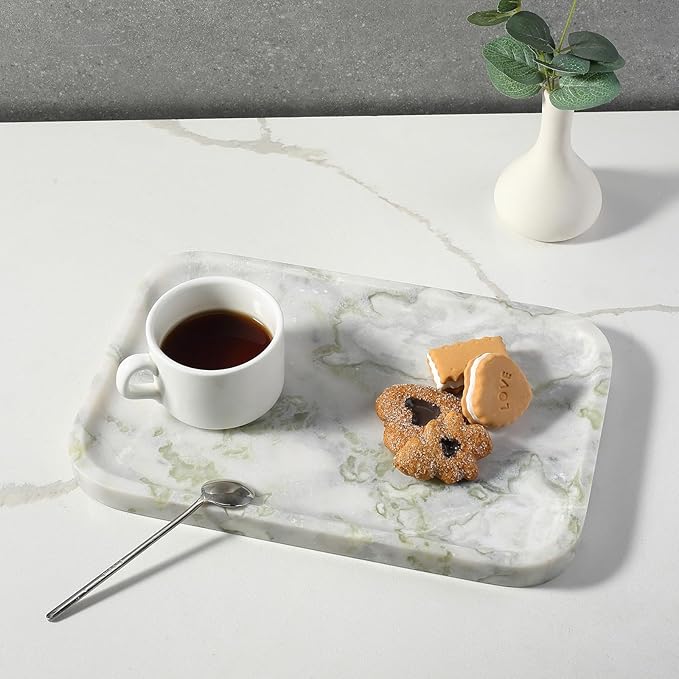 Luxury Marble Vanity Tray, Bathroom Tray Countertop, Bianco Marble/Stone, Home Decorative Dresser Organizer, Storage for Kitchen Sink, Perfume Jewelry Holder(Green&White)