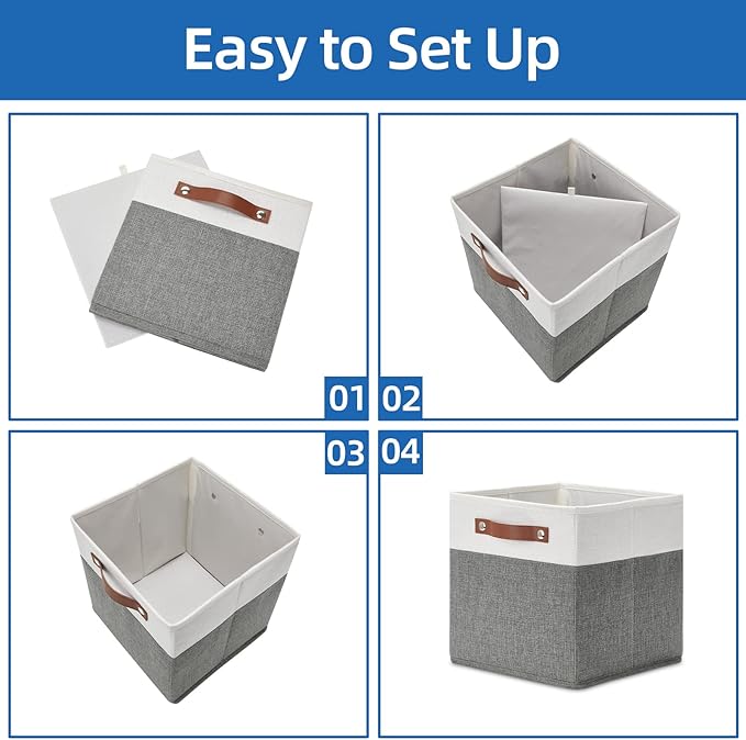 Temary Cube Storage Bins 4 Pack Storage Cubes 11ラ11 Fabric Storage Bins Foldable Cube Storage Baskets with Handles, Collapsible Storage Basket for Shelf (White & Grey, 11 x 11 x 11)