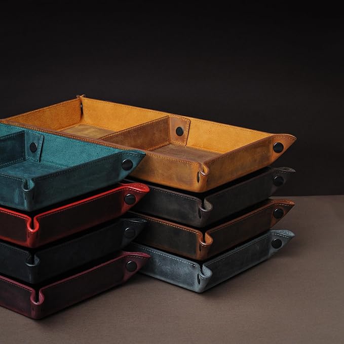 Handmade Leather Catch All Tray, Customizable Handcrafted Genuine Leather Valet Tray and Organizer for Keys, Phones, Jewels, Coins, Rectangular, Green