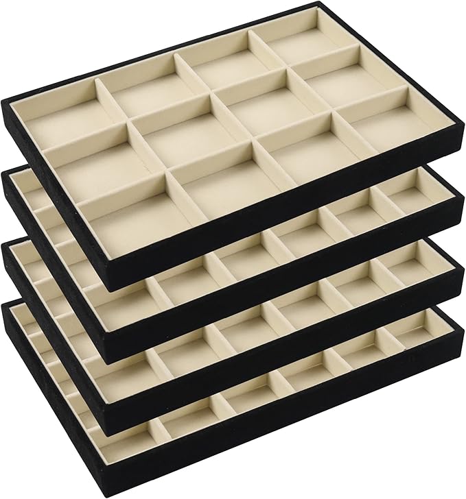 DIOMMELL Set of 4 Stackable Jewelry Trays Organizer Jewelry Display Showcase Dresser Drawer Organizer Storage Box for Ring Earring Bracelet Necklace Accessary