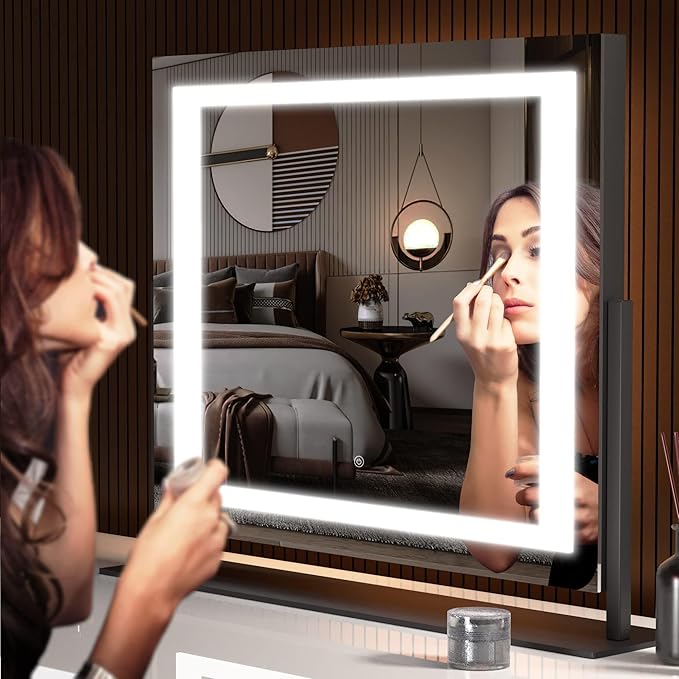 Hasipu Vanity Mirror with Lights, 24.2" x 19.7" LED Makeup Mirror, Light up Mirror with 10X Magnification, Smart Touch 3 Colors Dimmable, 360° Rotation (Right Angle Black)