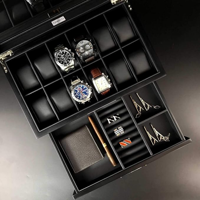 12 Slot Wooden Watch Box - Premium Walnut Men's Watch Display Case with Valet Drawer, Real Glass Window & Luxury Leather Interior