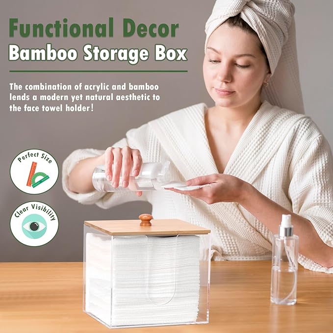 Clean Skin Club XL Acrylic Face Towel Container with Bamboo Lid - Dryer Sheet Holder for Bathroom & Laundry Room