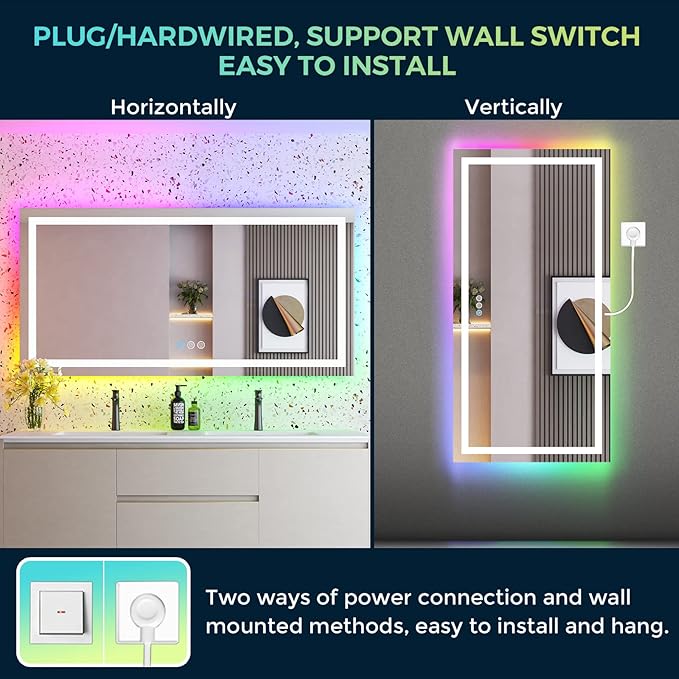 72x36 Inch RGB LED Bathroom Mirror Front Light and RGB Backlit Lighted Vanity Mirror for Bathroom Wall Mounted Dimmable Anti Fog Memory Shatter-Proof IP54 Waterproof Horizontal/Vertical