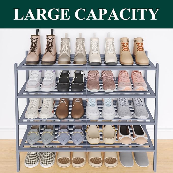 Smiry Long Bamboo Shoe Rack 4-Tier, Stackable Wooden Shoe Organizer for Entryway & Closet, Free Standing Wood Shoe Storage Shelf for Front Door & Small Spaces, Grey