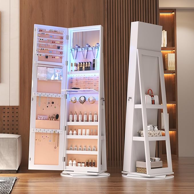Vlsrka 360° Swivel Mirror Jewelry Cabinet, Large Jewelry Armoire Cabinet Standing, Lockable Full Length Mirror with Storage, 3 LED Lights, Foldable Makeup Shelf, Beige Velvet, White