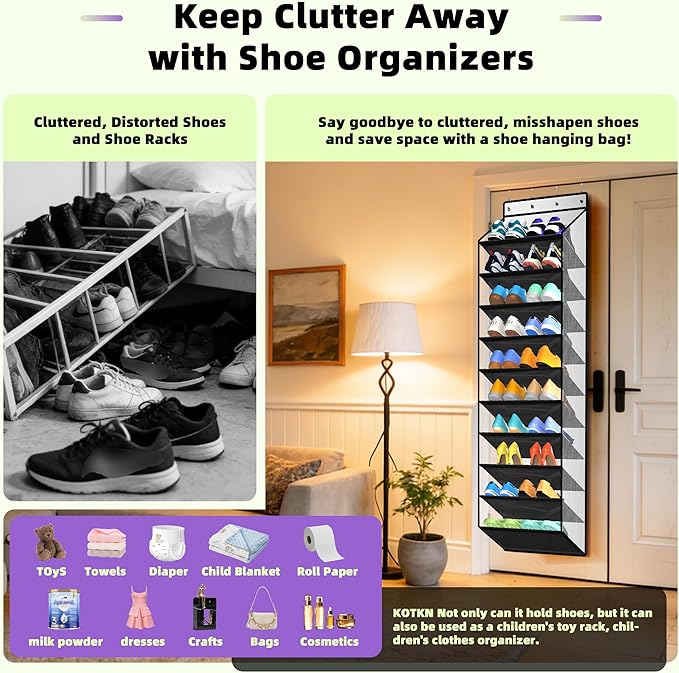 PAULONE 10-Pocket Multi-Use Over the Door Organizer, Heavy Duty 95lbs Capacity with Breathable Mesh, Versatile Hanging Storage for Shoes, Toys, Office Supplies-Classic (Piano Gloss Black, 10-Shelf,)