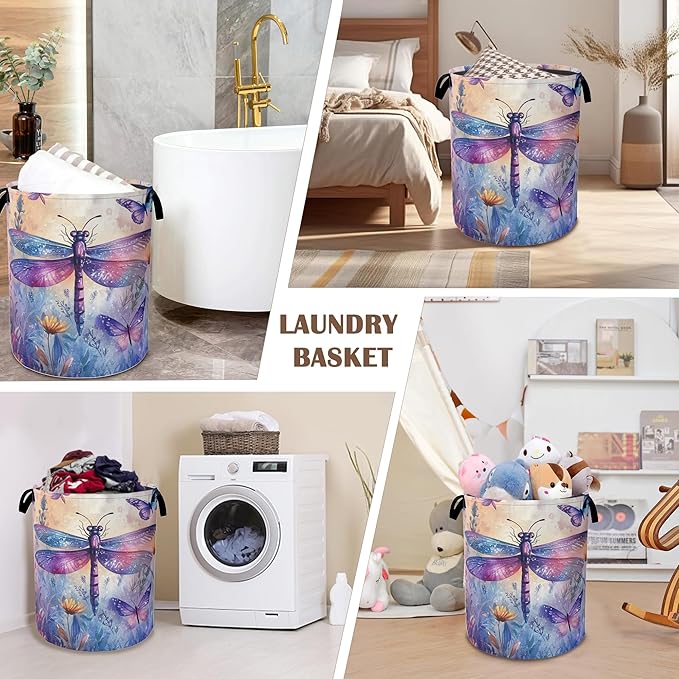 Dragonfly Butterfly Laundry Hamper,Collapsible Laundry Baskets,Colorful Wild Flowers Dirty Clothes Baskets with Handles,Oxford Cloth Hamper for Bedroom,Bathroom,College Dorms, 16"x20"