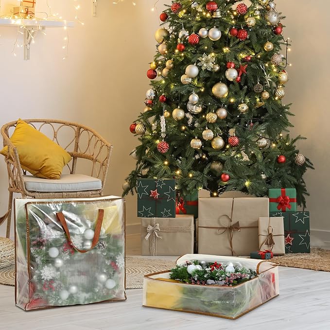 8 Pcs Clear Wreath Storage Bags 26 Inch Valentines St. Patrick's Garland Container Door Garland Holiday Wreath Storage Holder with Handle and Zipper Heavy Duty Plastic Packing Totes(Camel)