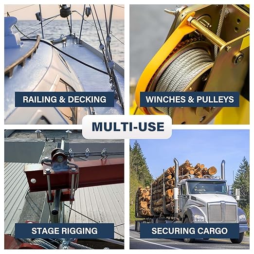 3/16 Wire Rope, 100ft Stainless Steel Cable with Wire Rope Clamps & Thimble, 3700lbs Breaking Strength, 7X19 Strands Aircraft Cable for Zipline, Deck Railing, Clothesline