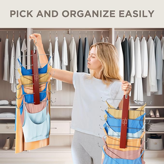 MORALVE European Beechwood Tank Top Hangers with 360° Swivel Hook - 2 Pack Space Saving Sports Bra and Cami Hanger for Closet - Hanging Tank Top and Bra Organizer for Space Saving Closet Organization