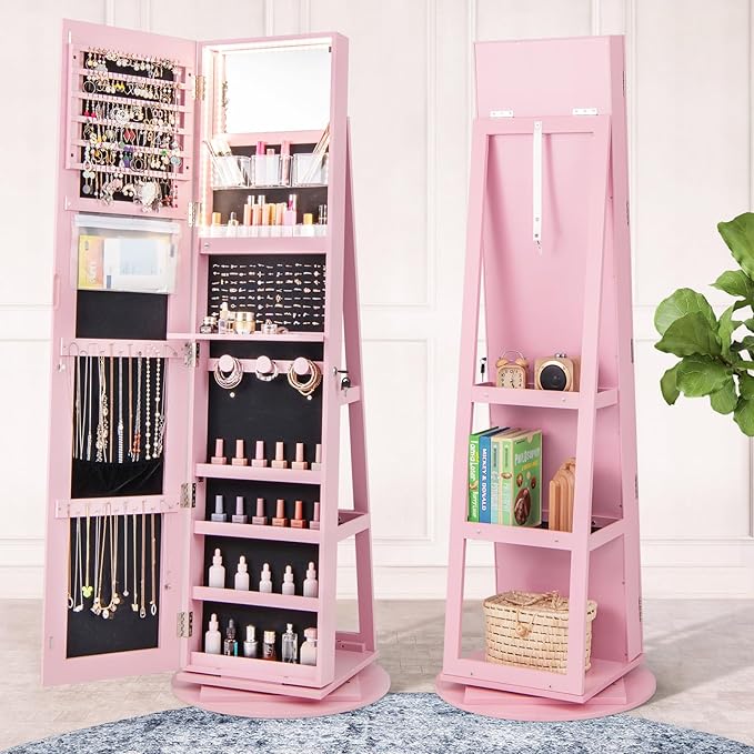 Mirror Jewelry Cabinet Standing with Full Length Mirror, 360° Swivel Jewelry Armoire with 3-Color LED Lights & Foldable Makeup Shelf, Lockable Organizer for Women, Space-Saving (Pink)
