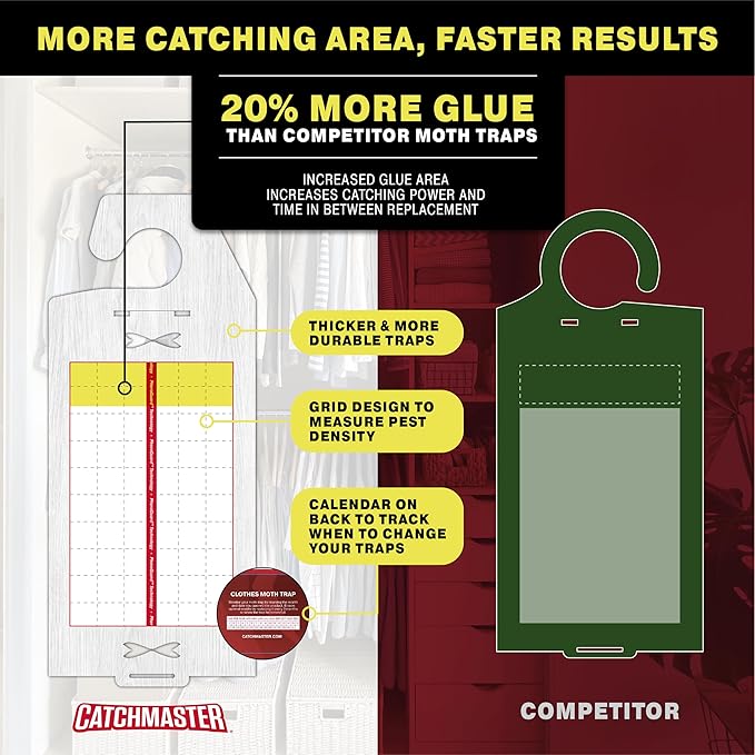 Catchmaster Clothing Moth Traps with Premium Extra Strength Odorless Pheromone Technology – XL Hardwood Design, Extra-Strength Glue – Traps & Targets Casemaking and Webbing Moths - 6-Pack