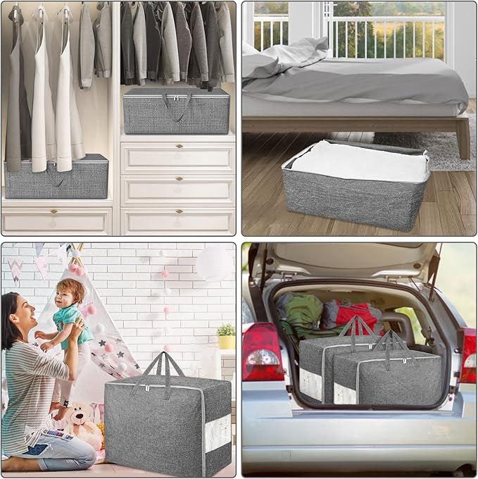 105L Extra Large Storage Bags, Folding Moving Comforter Blanket Storage Bags Closet Organizers and Storage Containers for Clothes with Strong Handles&Zippers Clear Window for Bedding Pillow, Grey