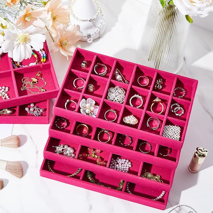 Junkin 12 Pcs Jewelry Tray Velvet Stackable Jewelry Organizer Trays Divided Earring Accessories Storage Containers Box (Rose Red)