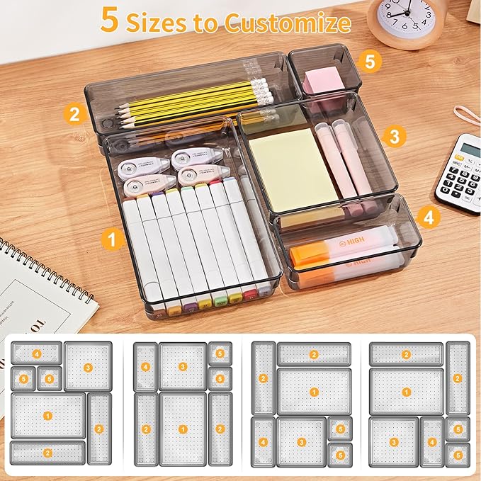 SMARTAKE 13-Piece Drawer Organizers with Non-Slip Silicone Pads, 5-Size Desk Drawer Organizer Trays Storage Tray for Makeup, Jewelries, Utensils in Bedroom Dresser, Office and Kitchen, Light Black