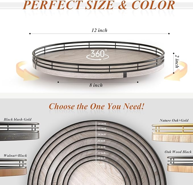 12" Farmhouse Lazy Susan for Kitchen & Coffee Table Decor β Rustic Whitewashed Wood Tray with Black Metal Frame, Decorative Centerpiece for Dining Room, Ottoman, Living Room, Serving or Vanity Use