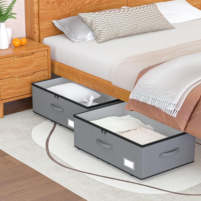 Under Bed Storage with Wheels, No Assemble Required 12 inches height Under Bed Storage bins,Large capacity Rolling Underbed Shoe Storage containers,dorm underbed storage drawers