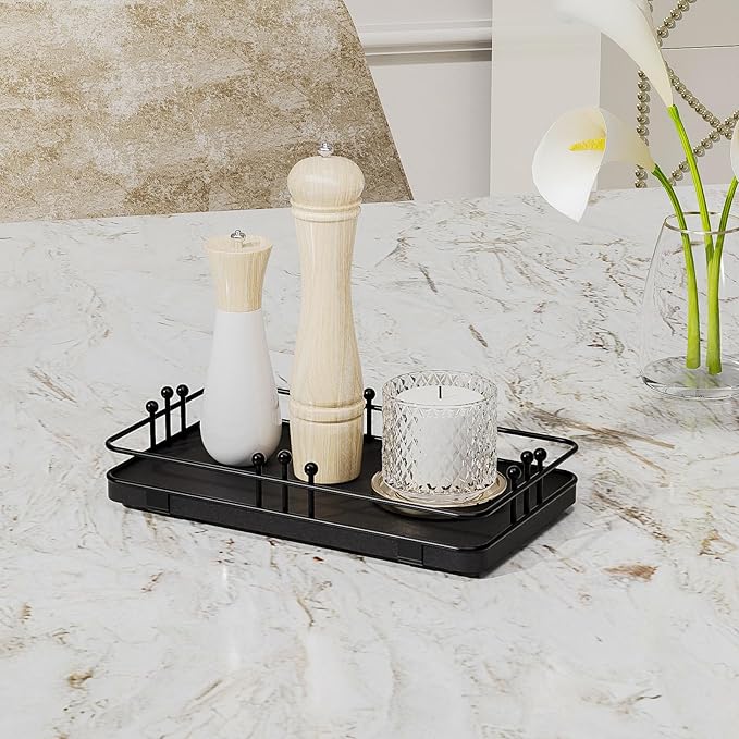 Bathroom Vanity Tray for Toiletries Makeup Perfume Candle Toilet Tank, Kitchen Tray for Soap Dispenser Spice Salt, Small Black Tray for Countertop Decor Coffee Nightstand 7.9”x4.4”