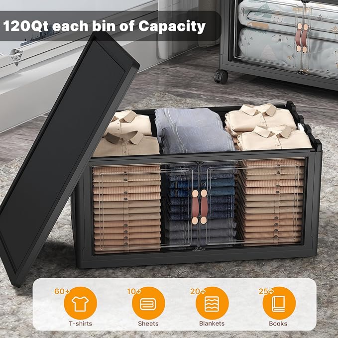 Extra Large Stackable Storage Bins with Lids & Wheels & Door,Foldable Collapsible Closet Organizers, Plastic containers drawers for bedroom Dorm (Dark-112QT, 5Pack with 1 top lid)