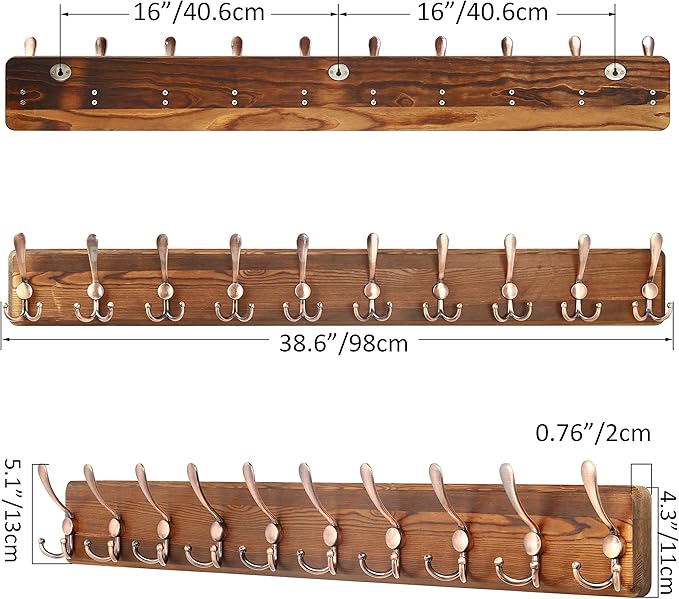 SKOLOO Coat Rack Wall Mounted - 38.6" Long, Wooden, Heavy Duty, Rustic Coat Hooks for Wall, Coat Rack with 10 Triple Hooks for Hanging Clothes, Jacket, Hat(Brown & Retro Red)