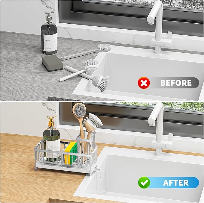 Cisily Sponge Holder for Kitchen Sink, Sink Caddy Organizer with High Brush Holder, Kitchen Countertop Organizers and Storage Essentials, Rustproof 304 Stainless Steel (Silver, 9.25″)