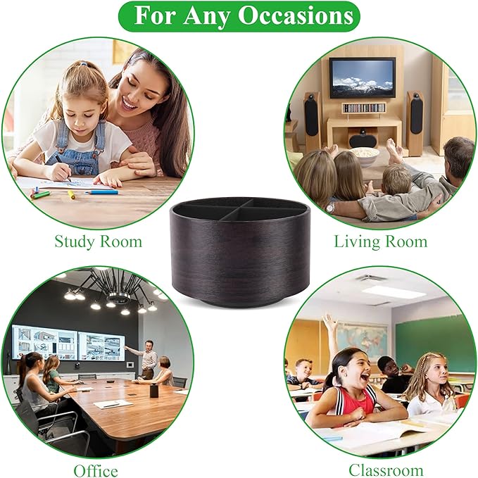 Hennaja Round Leather Art Supply Organizer,Remote Control Holder,360 Degree Spinning,Multi-Functional Pencil Holder,4 Compartments Desktop Stationary Organizer(1-Dark Brown2)