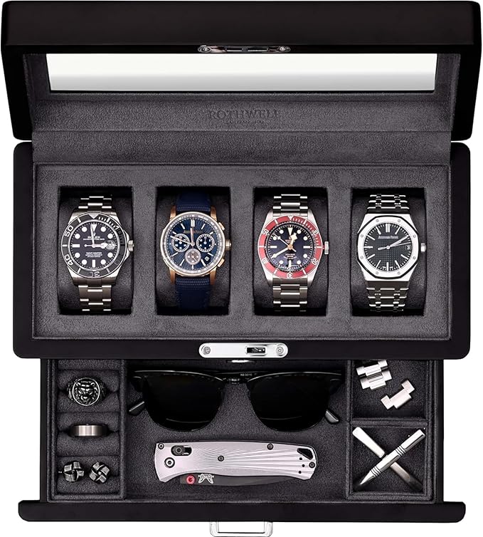 ROTHWELL 4-Slot Matte Black Watch Box with Valet Drawer - Premium Jewelry Display Case Organizer with Locking Glass Top and Microsuede Liner for Men & Women (Carbon Interior)
