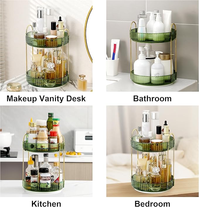 360 Rotating Makeup Organizer for Vanity, Bathroom Countertop Spinning Perfume Organizer, High-Capacity Cosmetic and Skincare Dresser Make Up Holder Rack (3 Tiers, Green)