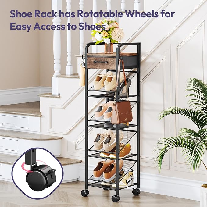 SWTYMIKI Rolling Vertical Shoe Rack - Shoe Tower with Drawer and Hooks, Shoe Storage Organizer for Entryway Closet Bedroom, Space-Saving Wood and Metal Narrow Shoe Shelf, Espresso