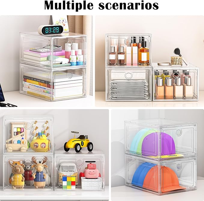 12 Pack Upgrade Harder Shoe Organizer, Shoe Storage with Magnetic Front Door, Clear Shoe Boxes Foldable Space-Saving Shoe Rack for Sneaker Boot Container, White