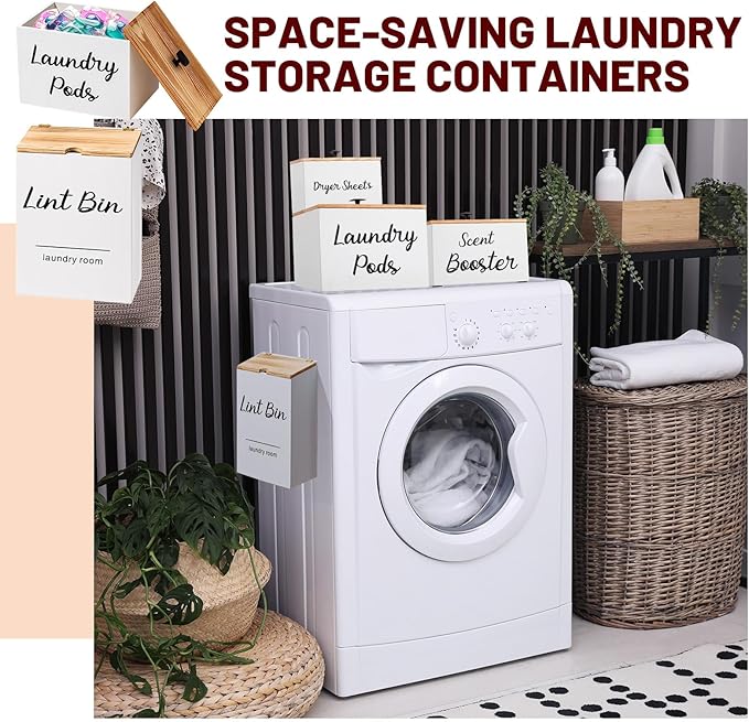 Dandat 4 Pcs Laundry Room Organization and Storage, Dryer Sheet Holder Laundry Pod Holder Scent Booster Container Magnetic Lint Bin with Scoop and Brush Wood Farmhouse Room Container(White)