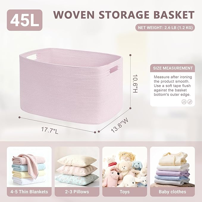 45L Small Baby Girls Laundry Basket for Nursery Storage,Cute Woven cotton Rope Baskets for Kids Toy,Gifts, Boho Square Wicker Blanket hamper for Living Room,Bedroom Dirty Clothes,Pink