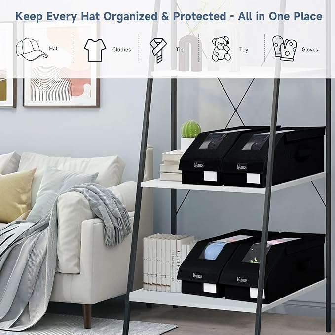 VAESIDA Hat Organizer for Baseball Caps, 4 Pack Hat Storage Box, Holds up to 56 Caps, Baseball Cap Organizer for Closet/Shelf, Hats Box Holder | Stackable, Foldable, Easy-Access, Clear Lid, Black