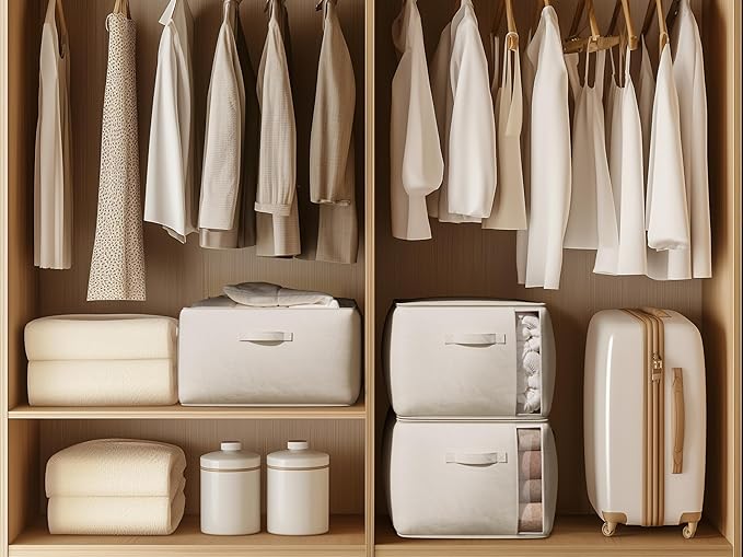 Large Canvas Clothes Storage Bags with Thick Handles and Clear Window, Foldable Cotton Linen Closet Organizer for Clothing, Blankets and Bedding, 70L, 6 Pack, Beige