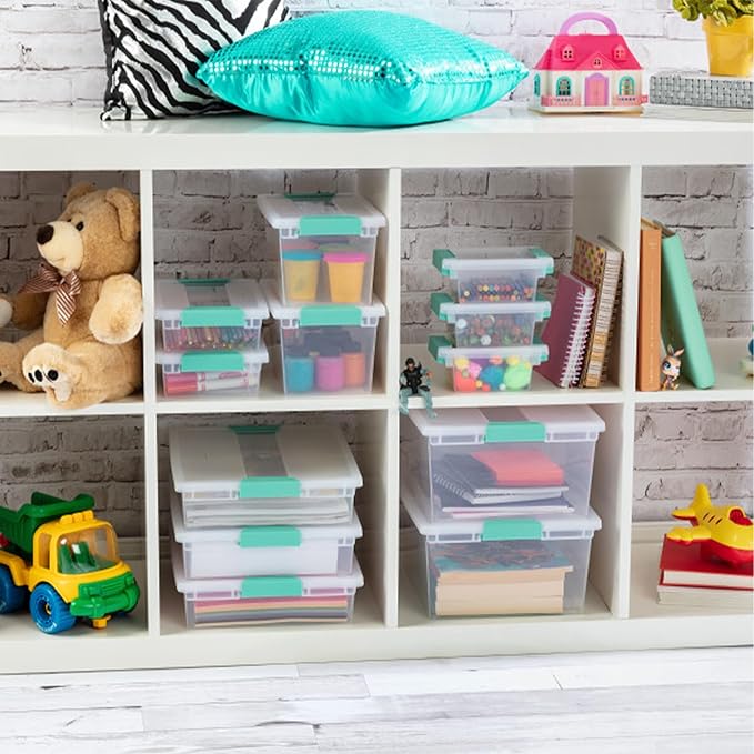 Sterilite Clip Box, Stackable Small Storage Bin with Latching Lid, Plastic Container to Organize Office, Crafts, Clear Base and Lid, Large, 1-Pack