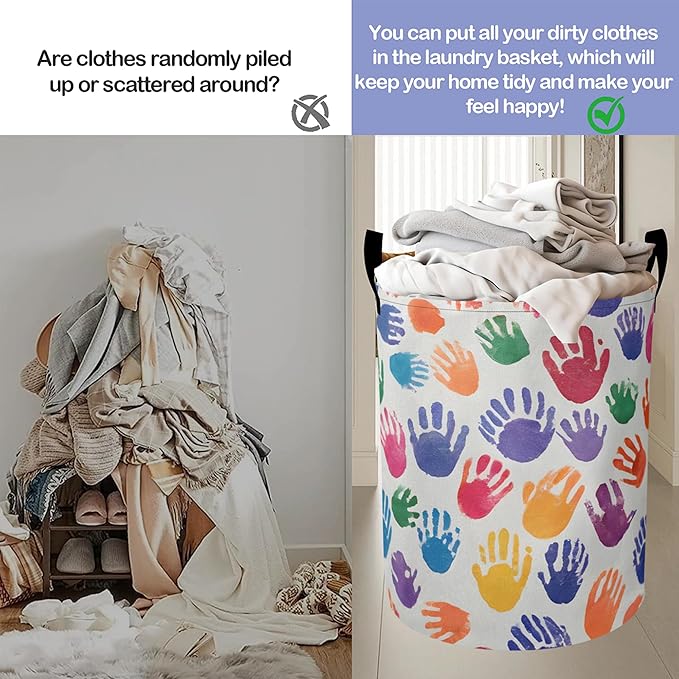 Laundry Basket,Cartoon Colorful Handprints Large Canvas Fabric Lightweight Storage Hamper Organizer Dirty Clothes Collapsible Waterproof for College Dorms,Bathroom