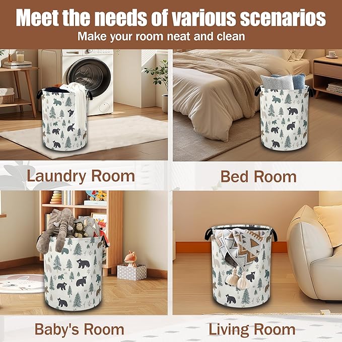 Bear Pine Tree Laundry Basket,Wild Animal Laundry Hamper Waterproof Oxford Cloth Tote Collapsible,Clothes Storage Bucket Decorative Toy Organizer For Bathroom Bedroom 16" x 20.8"