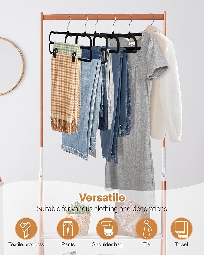 Velvet Pants Hangers with Double Non Slip Bar - with Adjustable Clips- Thin Space Saving Clothes Hanger - 360° Swivel Felt Trouser Hanger Perchas Terciopelo 10 Pack (Black)