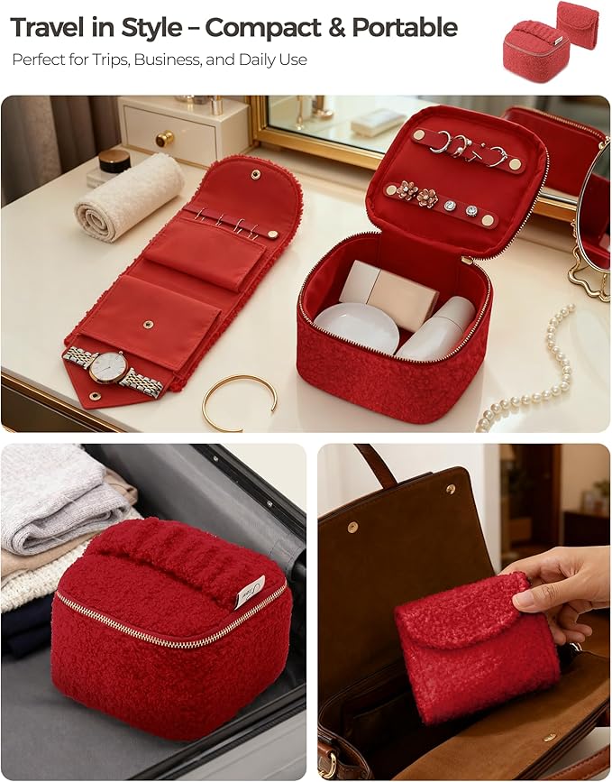 Travel Jewelry Case, 2-In-1 Small Jewelry Organizer Travel Jewelry Storage with Foldable Jewelry Roll for Earrings Rings Makeup, Travel Essentials Gifts for Women Girl, Carmine