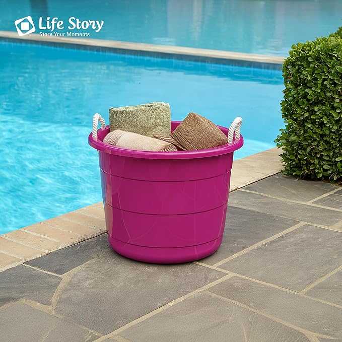 Life Story Open Storage Bucket, Round Plastic Container with Rope Handles, 17 Gallon, Purple, 2 Pack