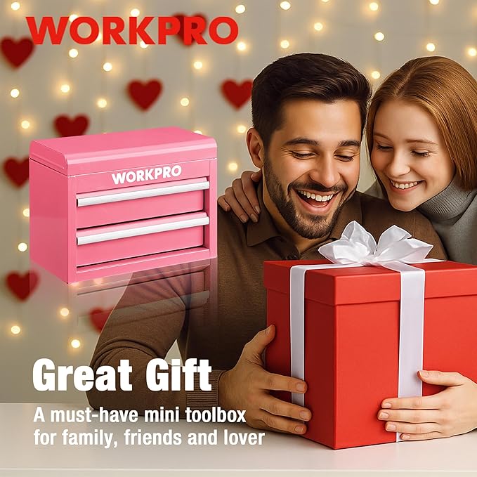 WORKPRO Metal Mini Tool Box, Top Tool Chest containing Two Drawers with Ball Bearing Slides, PVC Drawer Liners and PP Feet Pads, Cold Rolled Steel Small Toolbox for Multi-Purpose Storage - Pink Ribbon