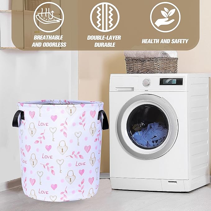 Love Cylinder Key Laundry Basket Pink Heart Foldable Oxford Cloth Tote Bag Laundry Hamper Clothes Storage Bucket Organizer For Bathroom/Laundry Storage/Bedroom 17.7x13.7Inch
