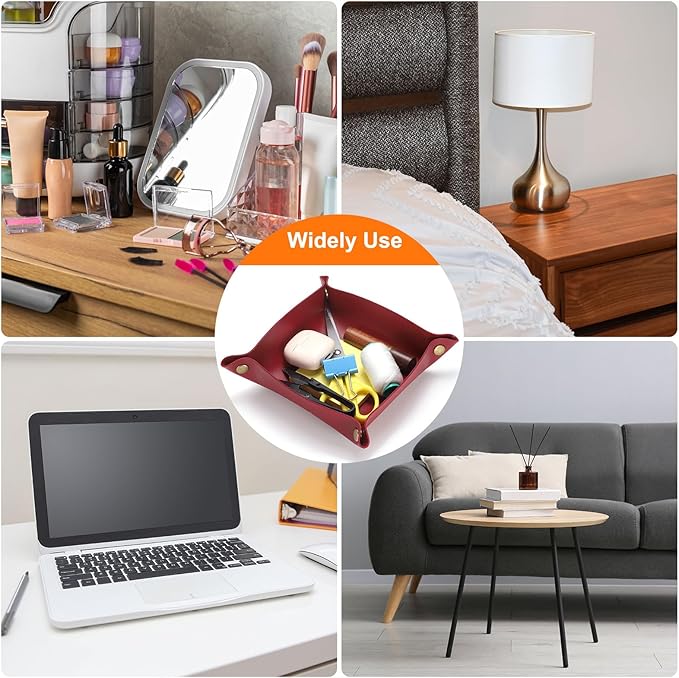 HARFINGTON 4pcs PU Leather Valet Tray Unisex Folding Small Catchall Tray Portable Entryway Table Tray Nightstand Bedside Desk Tray for Key Wallet Watch Coin Jewelry Dice, Black