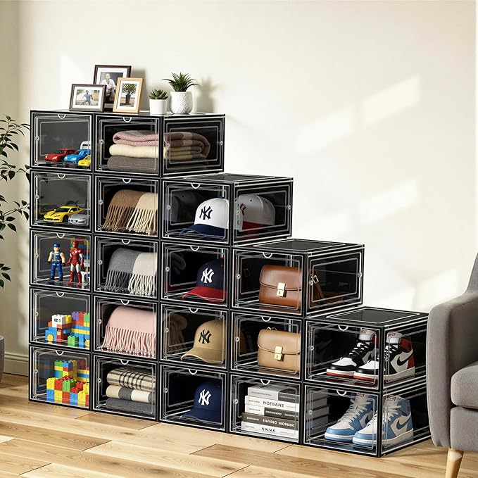 6 Pack Hat Organizer Box, Stackable Clear Baseball Caps Holder Box Containers with Magnetic Door for Hats Snapback Cap Storag, Hat Rack Display Case, Holds 8 Hats Each (Black)