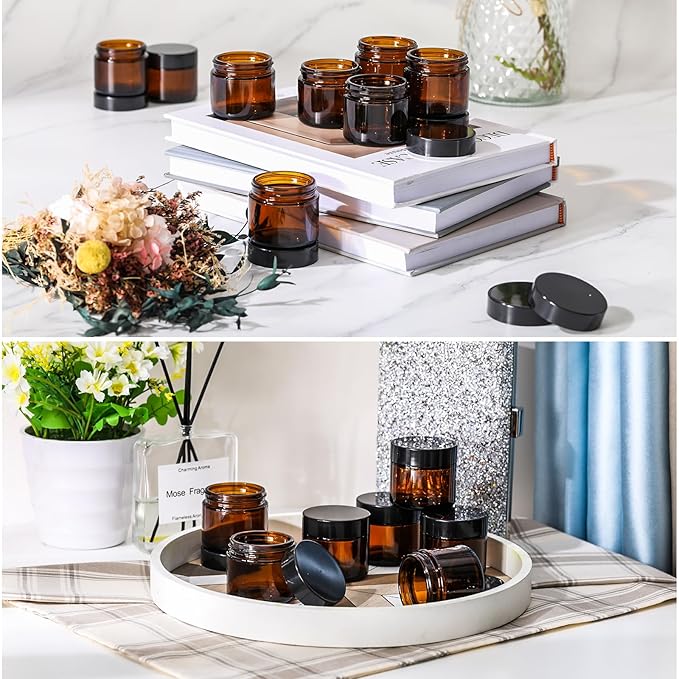 Domensi 12 Pcs 2 oz Glass Jars with Lids Travel Size Round Leakproof Empty Cosmetic Jars with Inner Liners Lid for Storing Makeup Lotions Face Cream Ointments Candle DIY Making (Amber)