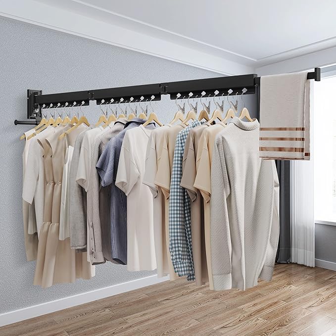 Wall Mounted Clothes Hanger, Aluminum Clothes Drying Rack, Space Saver, Retractable, Windproof Holes, with Clips