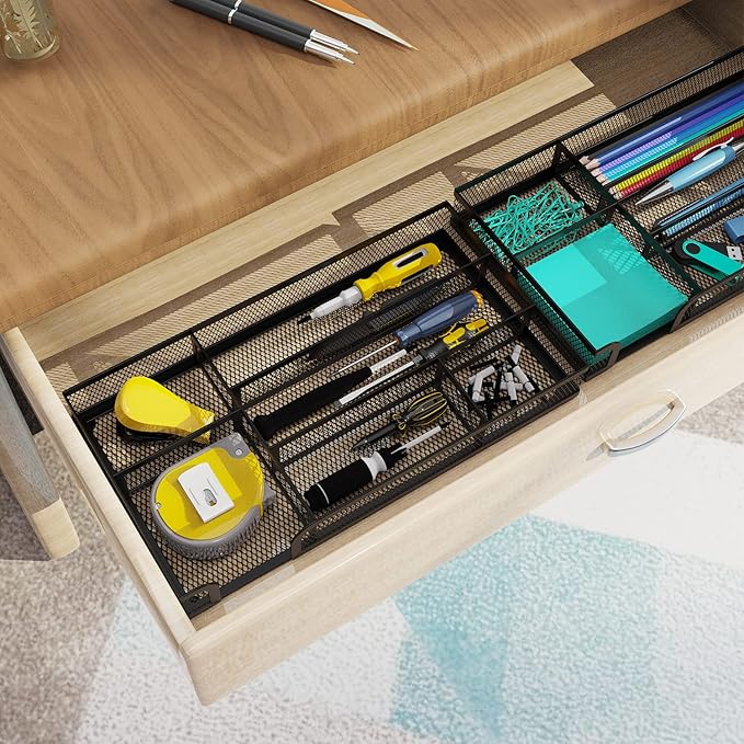 Desk Drawer Organizer, Small Metal Mesh Drawer Organizer Tray, Office Pencil Drawer Organizer Accessories for Desktop, Bathroom, Kitchen, Makeup, Vanity